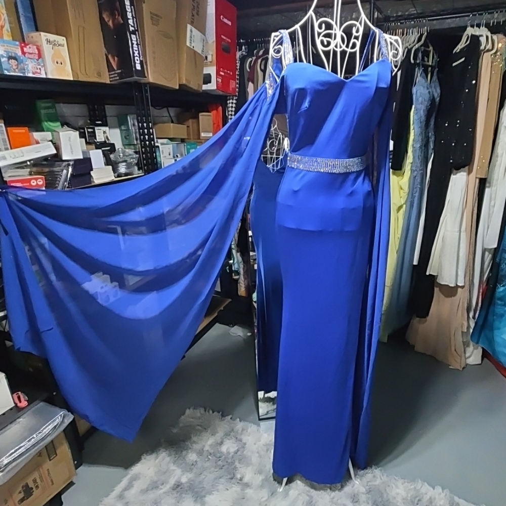 Faeriesty Royal Blue Formal Sm Dress With Rhinestone Cap Sleeves With Chiffon...